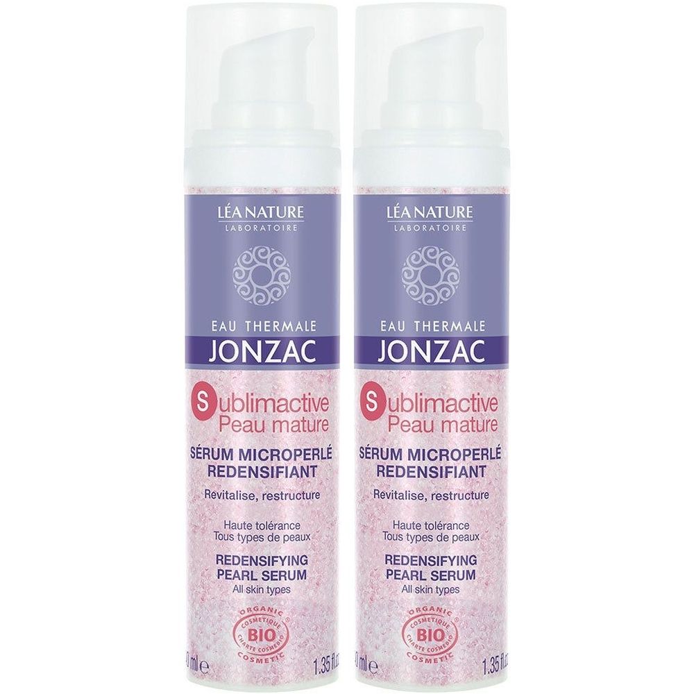 Twee serumflessen. Opschrift: Jonzac, Sublimactive Peau mature, Sérum microperlé redensifiant. Bio-certificering.