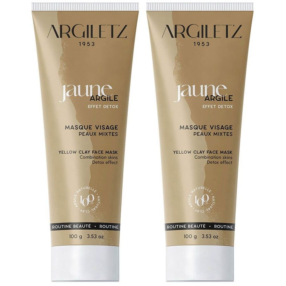 Deux tubes de masque visage Argiletz jaune. Tubes beiges avec texte blanc. Inscription: Argile, Jaune, Masque Visage, Peaux Mixtes.
