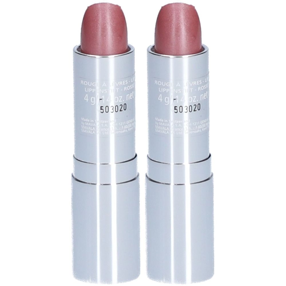 Deux rouges à lèvres roses. Tubes argentés avec texte. Inscription: Rouge à Lèvres, 4g - 0.14 oz net, 503020.