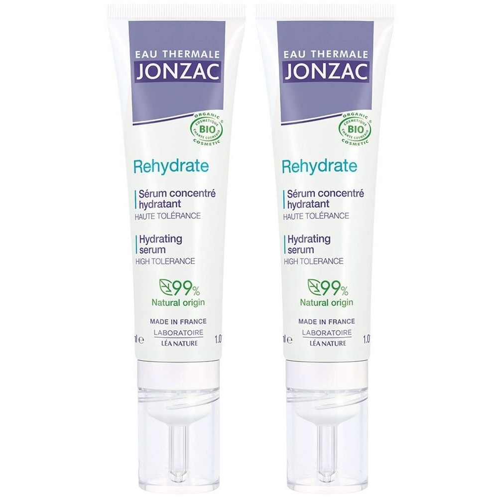 Twee tubes Jonzac Rehydrate serum. Witte tubes met paarse accenten. Tekst: Rehydrate, Hydrating serum, 99% natuurlijke oorsprong.