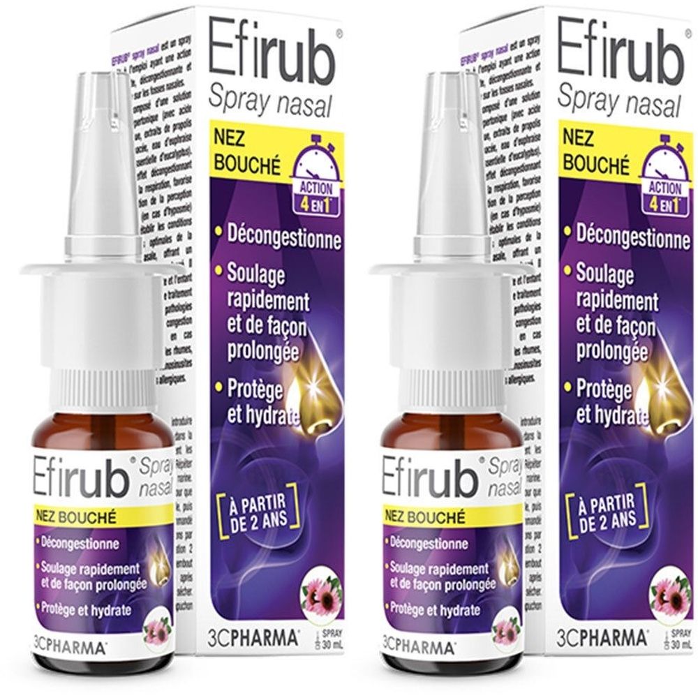 Neussprayfles met witte sproeikop en verpakking. Opschrift: Efirub, Spray nasal, NEZ BOUCHÉ. Paarse en gouden elementen.