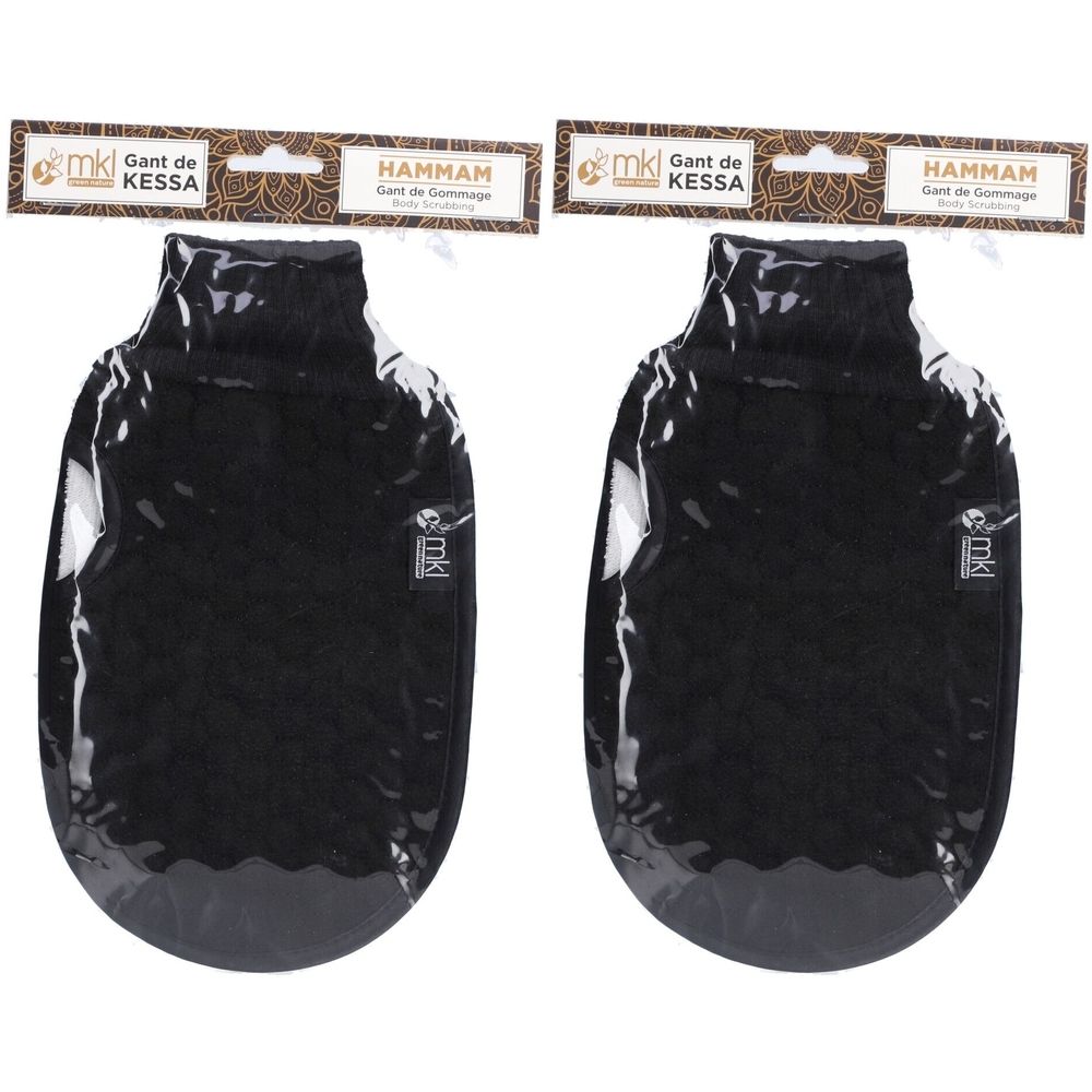 Deux gants Kessa noirs emballés. Inscription : MKL, Hammam, Gant de Gommage. Avec trou de suspension.
