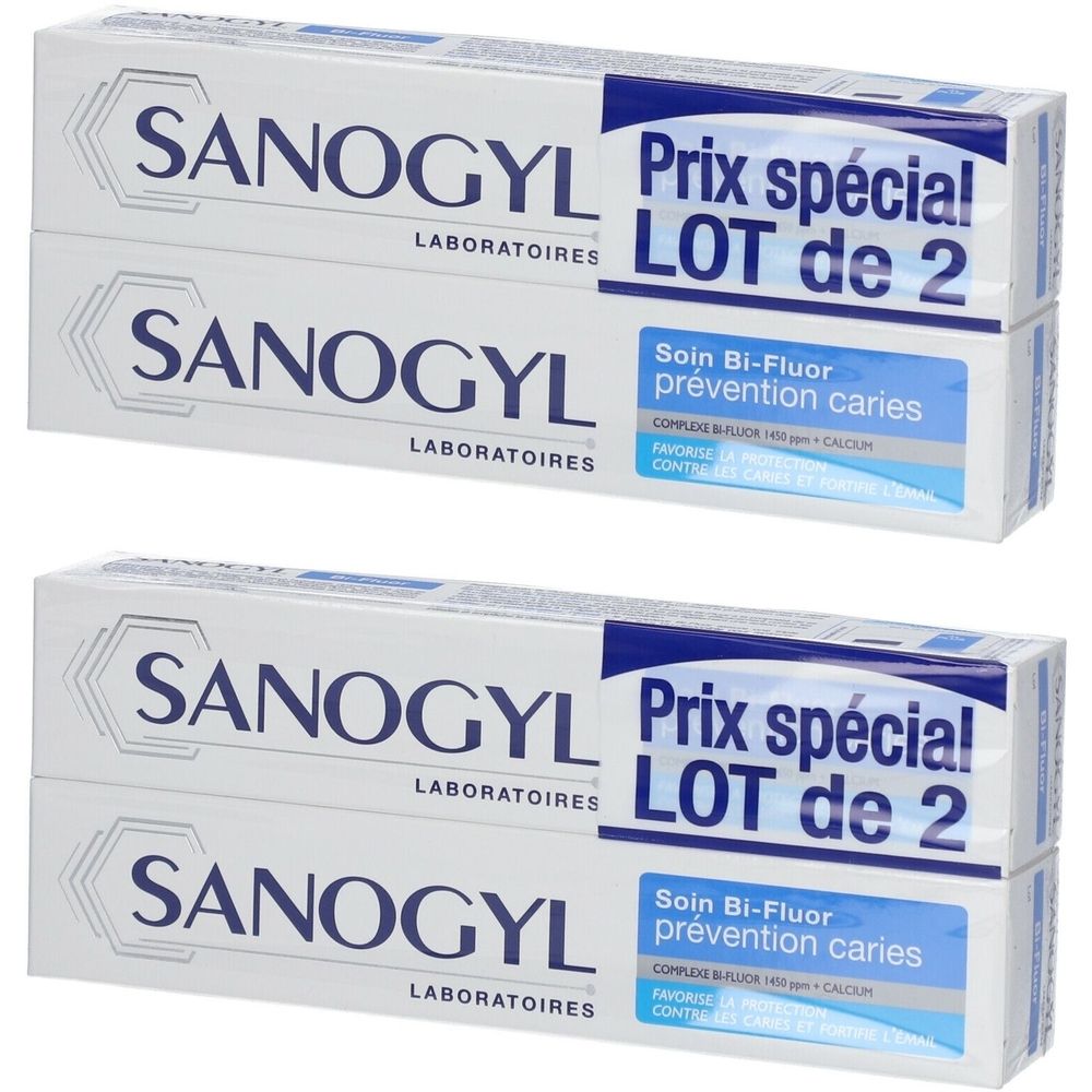 Twee tubes Sanogyl tandpasta. Opschrift: Prix spécial, LOT de 2, Soin Bi-Fluor prévention caries.