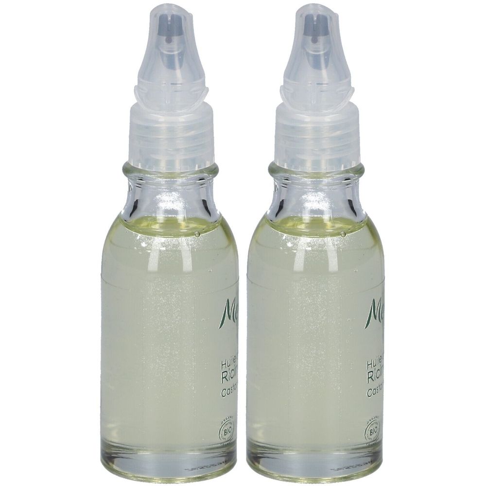 Twee kleine glazen flesjes met heldere vloeistof en transparante applicator. Opschrift: Melvita, Huile de Ricin Bio.
