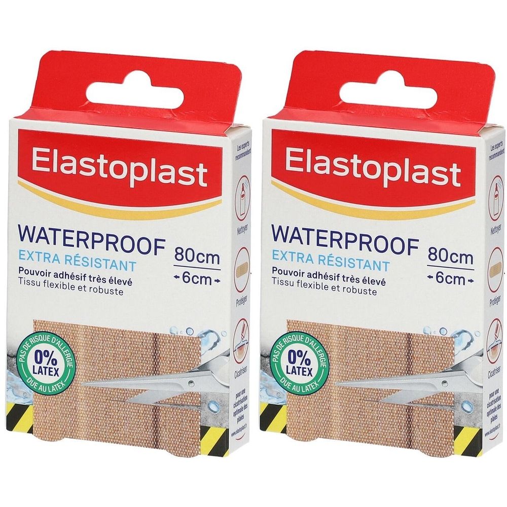 Deux boîtes de pansements Elastoplast. Inscription: WATERPROOF, EXTRA RÉSISTANT, 80cm x 6cm. 0% latex. Emballage rouge et blanc.