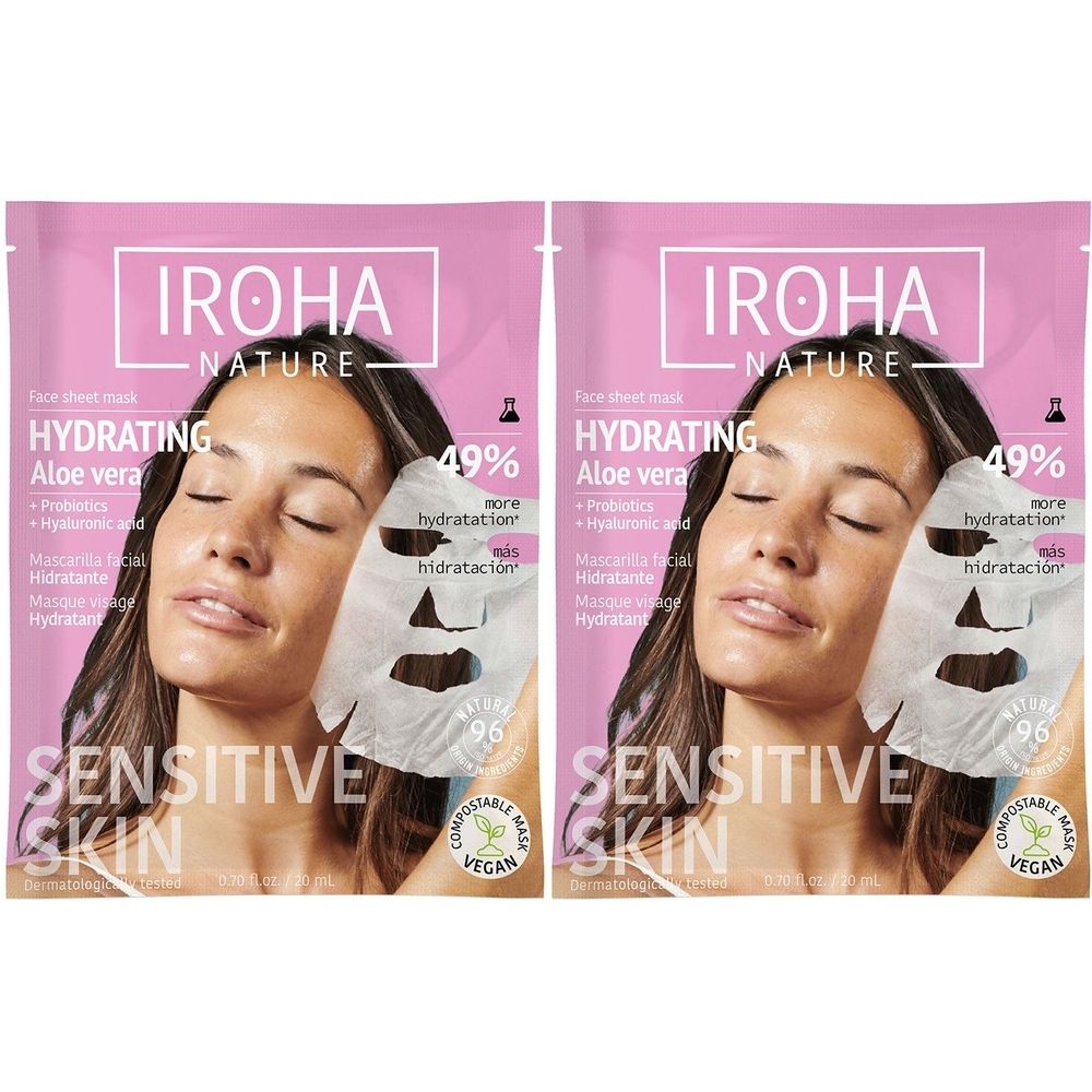 Twee verpakkingen gezichtsmaskers. Roze verpakking met productnaam en ingrediënten. Opschrift: Hydraterend, Aloë vera, voor gevoelige huid. Vegan logo.