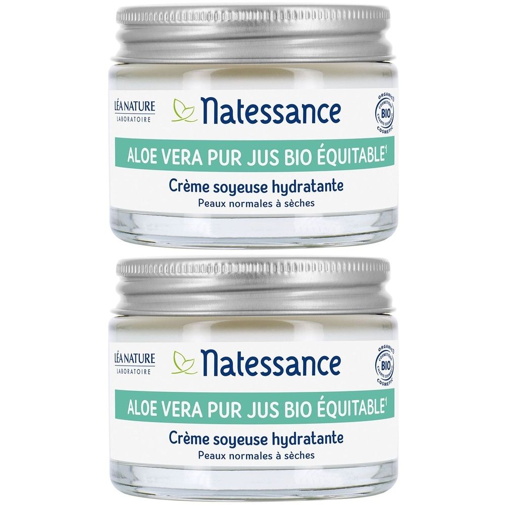 Twee glazen potjes crème met zilveren deksels. Opschrift: Natessance, Aloe Vera, Crème soyeuse hydratante. Bio-certificering.