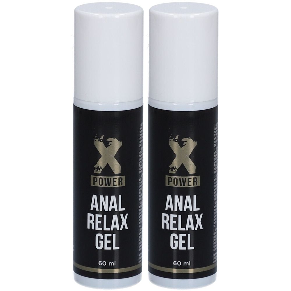 Twee flessen met witte doppen. Zwart etiket met gouden logo en tekst: ANAL RELAX GEL. Opschrift: 60 ml.