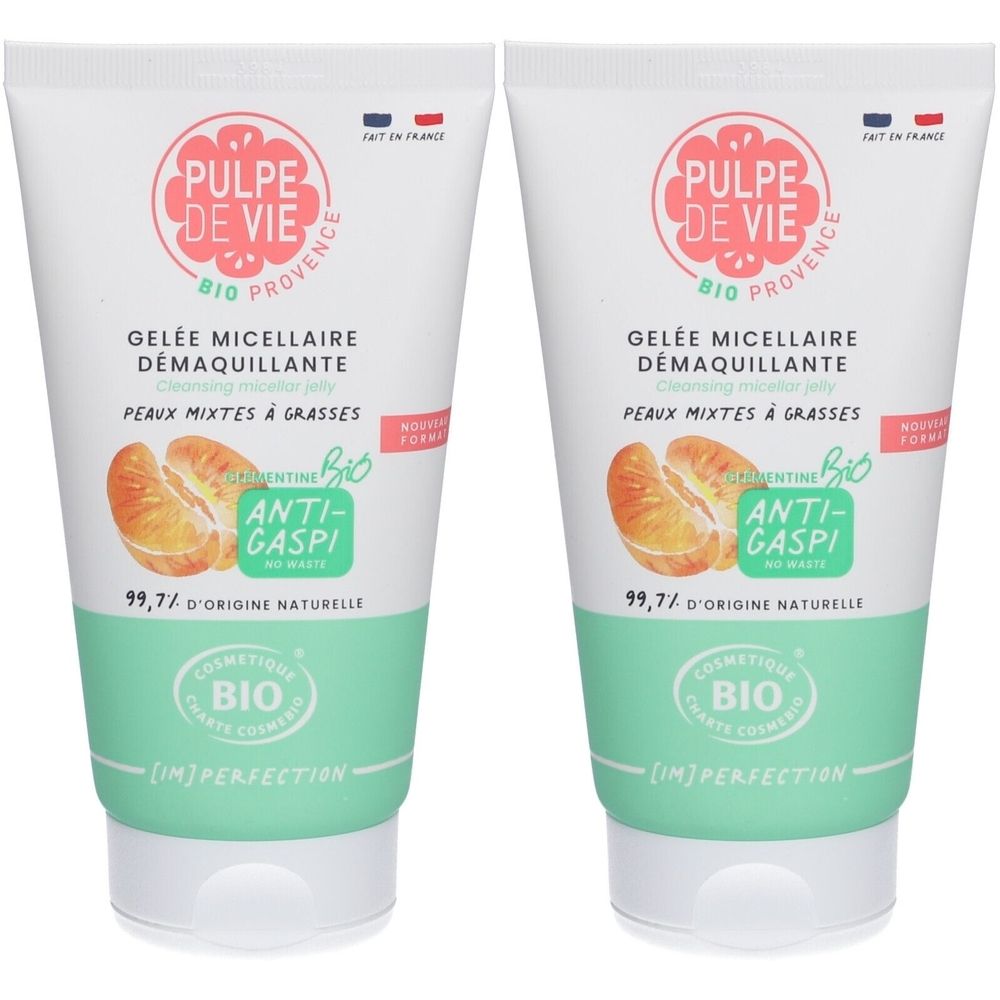 Deux tubes blancs. Inscription: PULPE DE VIE, Gelée Micellaire Démaquillante. Certification Bio et illustration d'une orange.