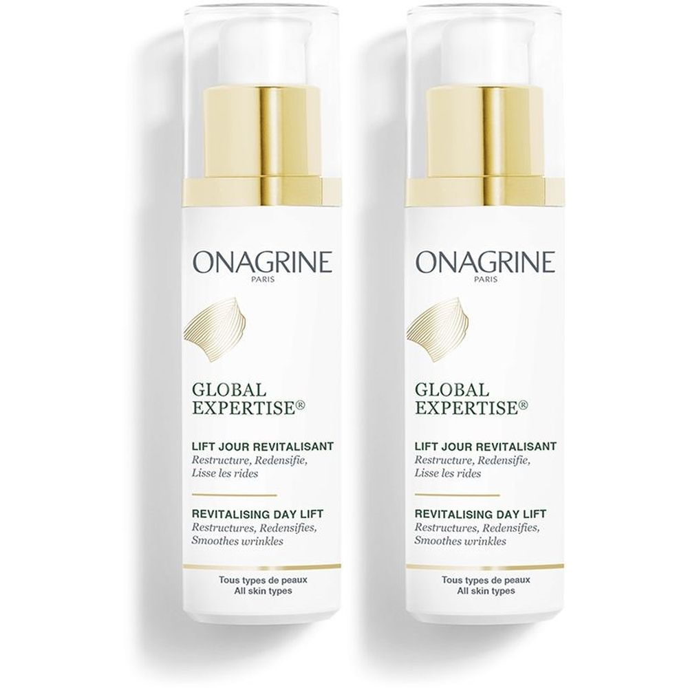 Twee witte en gouden flacons. Opschriften: ONAGRINE, GLOBAL EXPERTISE, LIFT JOUR REVITALISANT, REVITALISING DAY LIFT. Voor alle huidtypen.