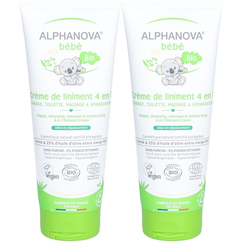 Twee tubes crème. Opschrift: ALPHANOVA bébé Bio Crème de liniment 4 en 1. Vegan en Bio certificering. Groene dop.