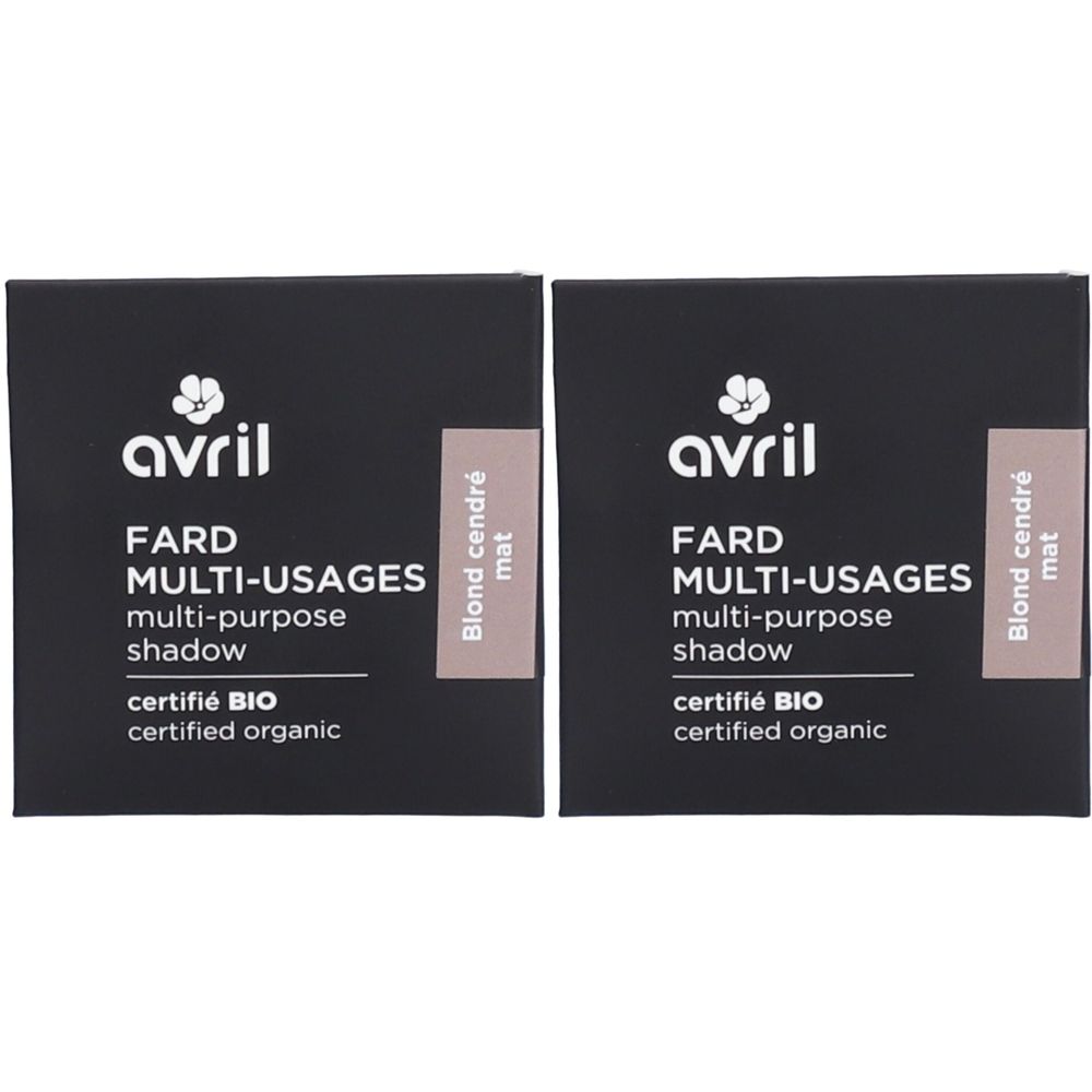 Deux boîtes carrées de fard à paupières "FARD MULTI-USAGES" de la marque "avril". Couleur "Blond cendré mat" et certification bio.