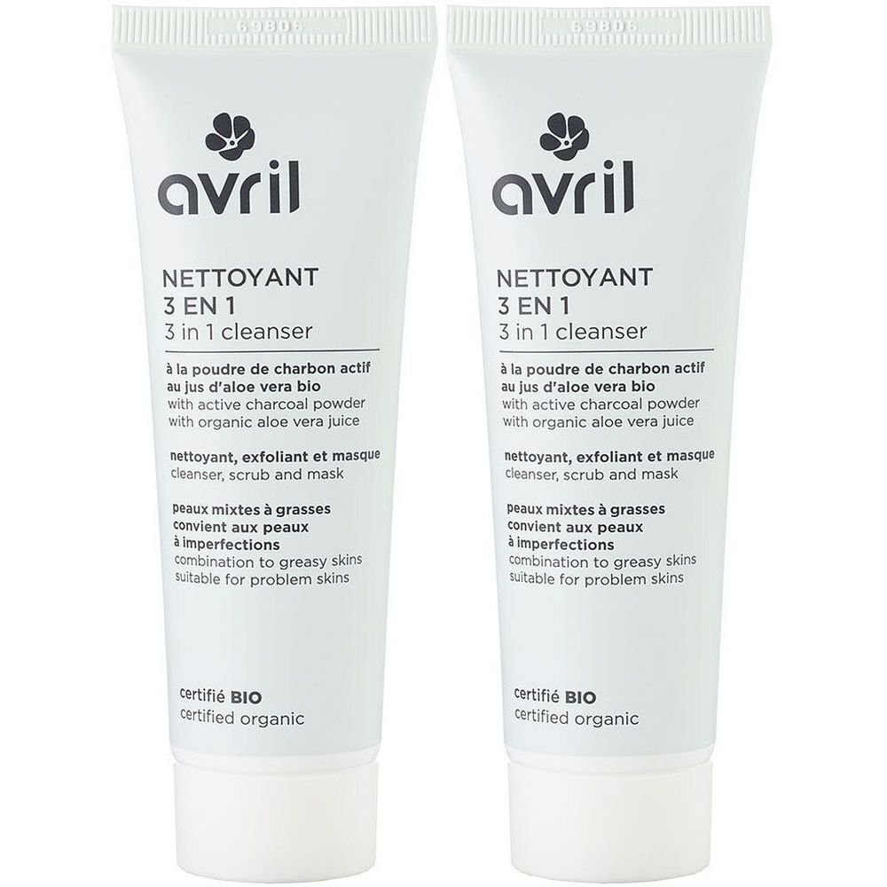Twee witte tubes met tekst. Opschrift: Avril, Nettoyant 3 en 1, gecertificeerd BIO. Met actieve koolpoeder.