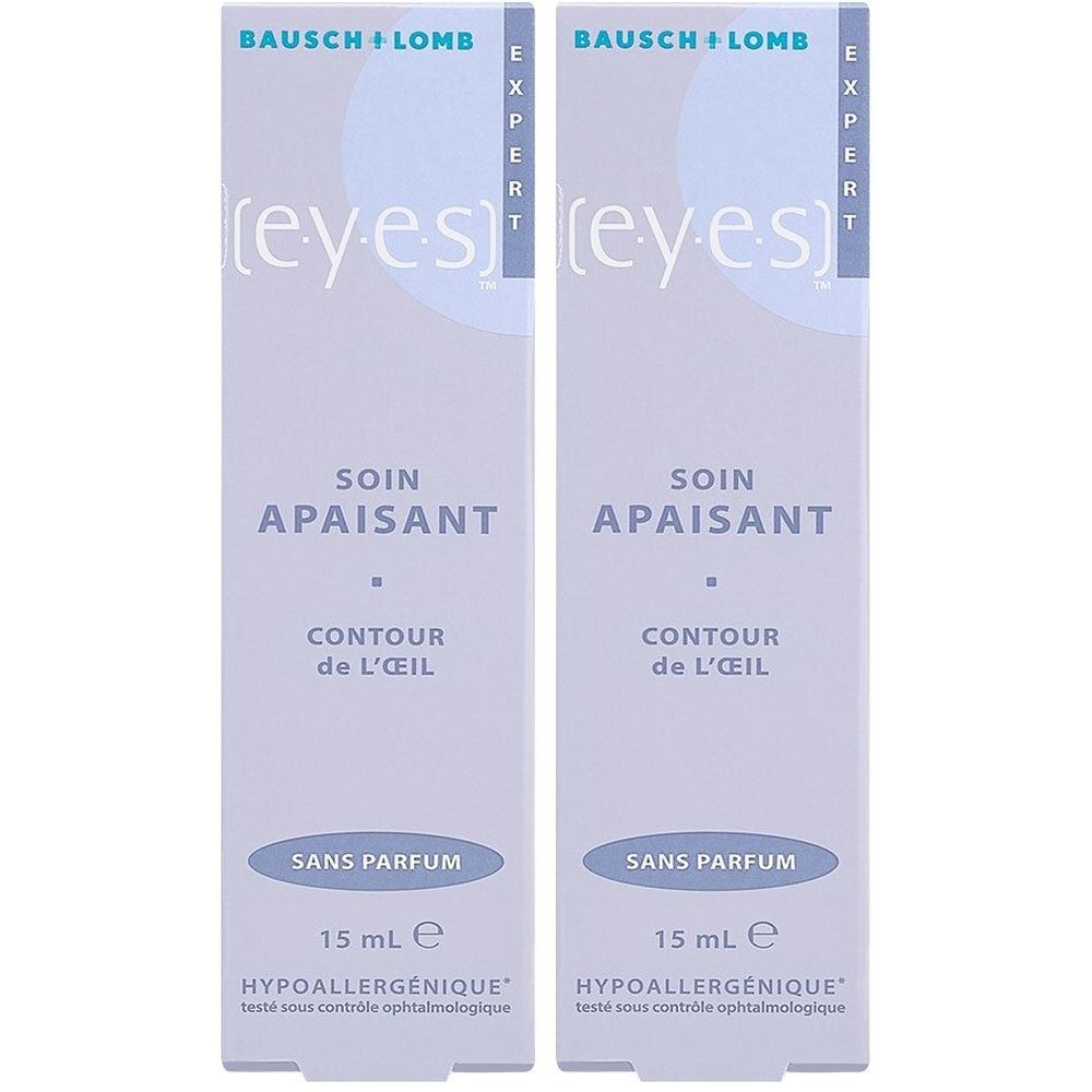 Deux étuis de soin pour les yeux. Inscription : Eyes Expert Soin Apaisant, 15 ml, sans parfum. Marque : Bausch + Lomb.