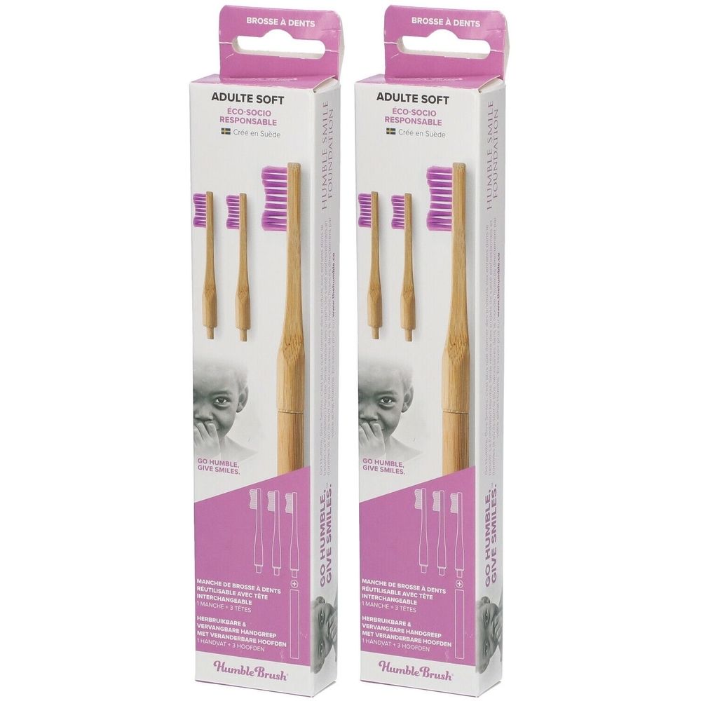 Twee verpakkingen met bamboe tandenborstels. Elke verpakking bevat drie borstelkoppen en een tandenborstel. Opschrift: Humble Brush.