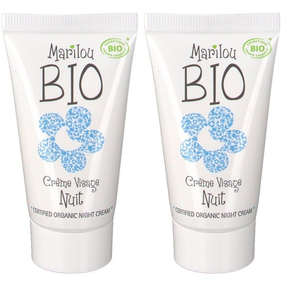 Twee witte tubes met opschrift Marilou Bio. Blauwe bloem, tekst: Crème Visage Nuit, Certified Organic Night Cream. Bio-keurmerk.