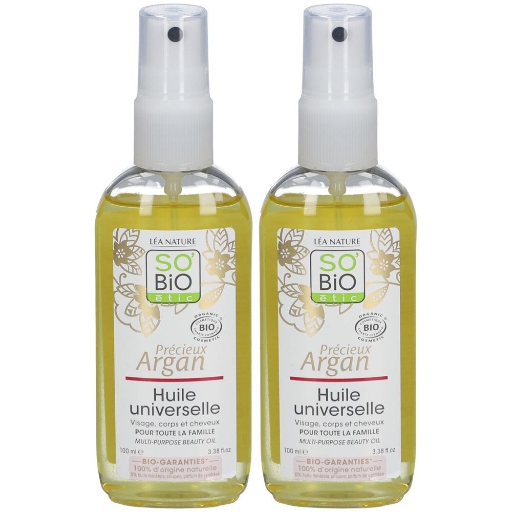 Twee flessen SO BIO ETIC Précieux Argan Huile universelle met spraydop. Biologische certificering.