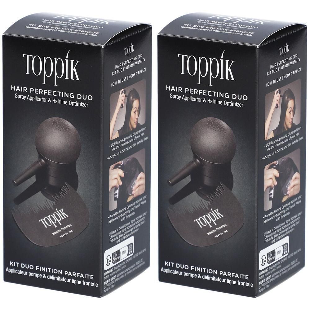 Twee zwarte dozen met "Toppik" logo. Opschrift: Hair Perfecting Duo, Spray Applicator & Hairline Optimizer. Afbeelding van het product.