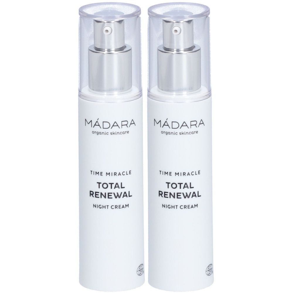 Twee witte flessen met zilveren pompkopjes. Op elke fles staat « Mádara organic skincare », « TIME MIRACLE TOTAL RENEWAL NIGHT CREAM ».