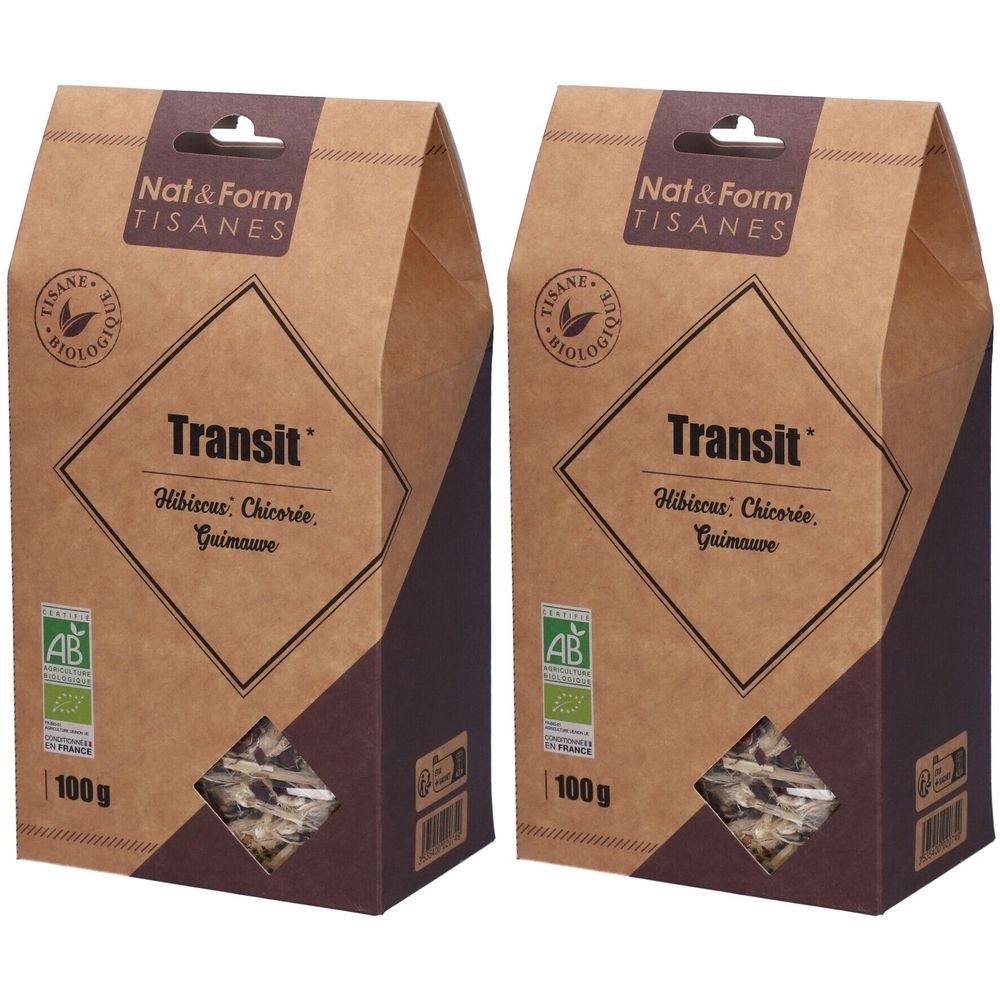 Deux paquets de tisane bio Nat&Form Transit. Chaque paquet pèse 100g et contient hibiscus, chicorée, guimauve.