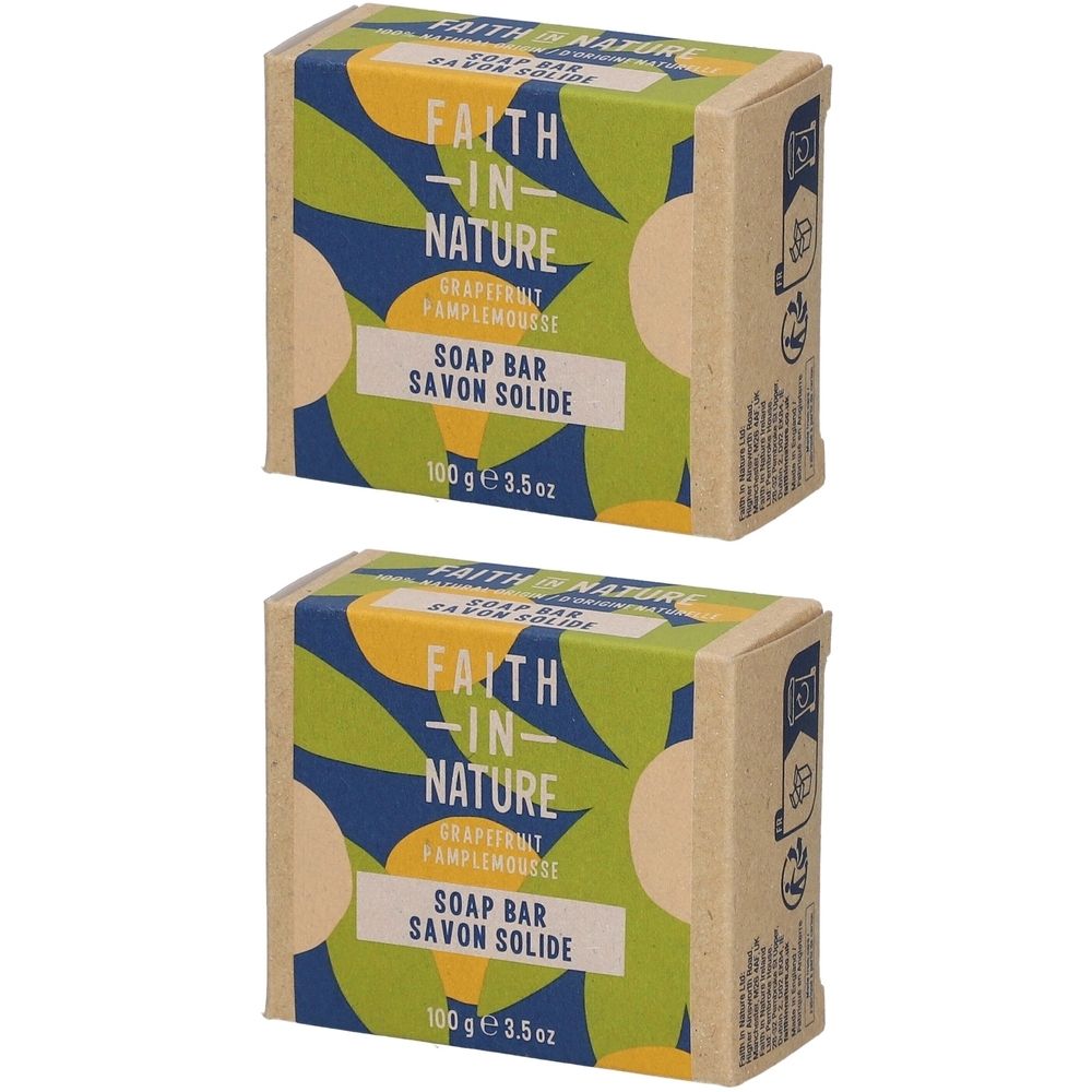 Deux savons solides en emballage carton. Inscription: FAITH IN NATURE, pamplemousse, savon solide. Poids: 100 g.