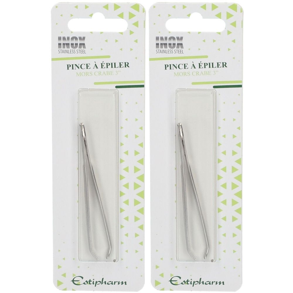 Twee pincetten in blisterverpakking. Opschrift "INOX STAINLESS STEEL" en "PINCE À ÉPILER MORS CRABE". Merk: Estipharm.