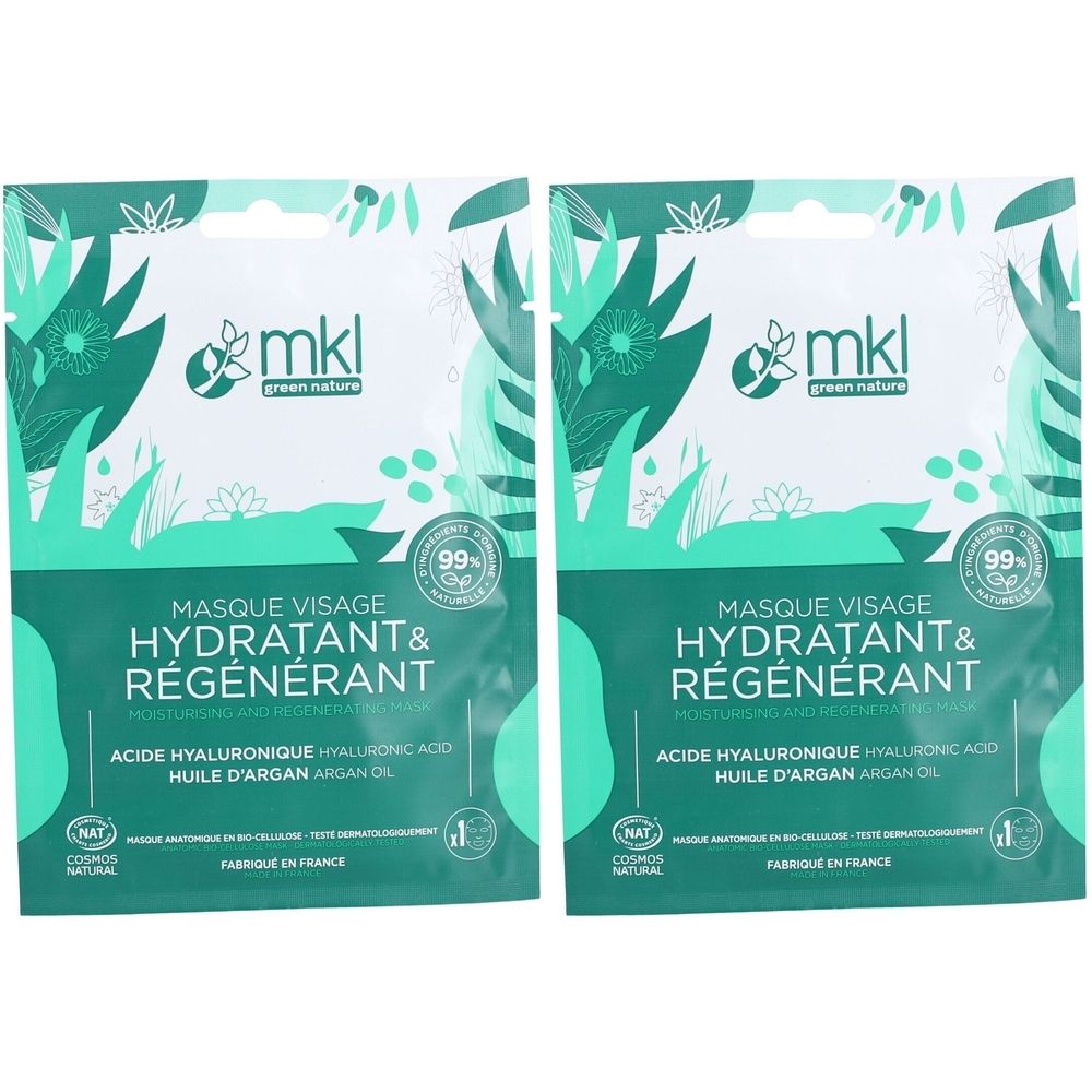 Twee zakjes gezichtsmasker. Opschrift: Masque Visage Hydratant & Régénérant. Bevat hyaluronzuur en arganolie. Merk: mkl green nature. 99% natuurlijk.