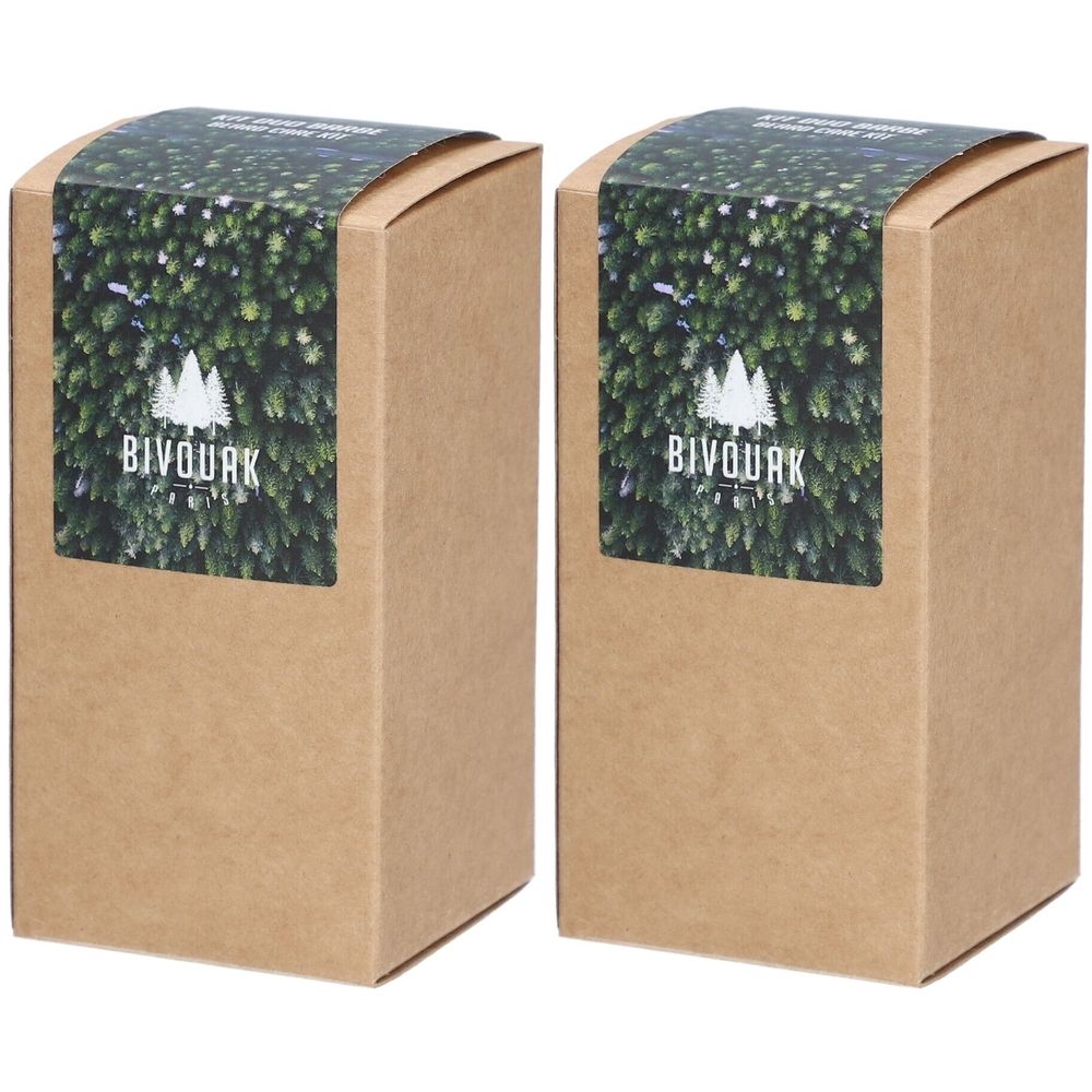 Deux boîtes rectangulaires en carton brun. Un autocollant sur le dessus affiche le logo Bivouak.