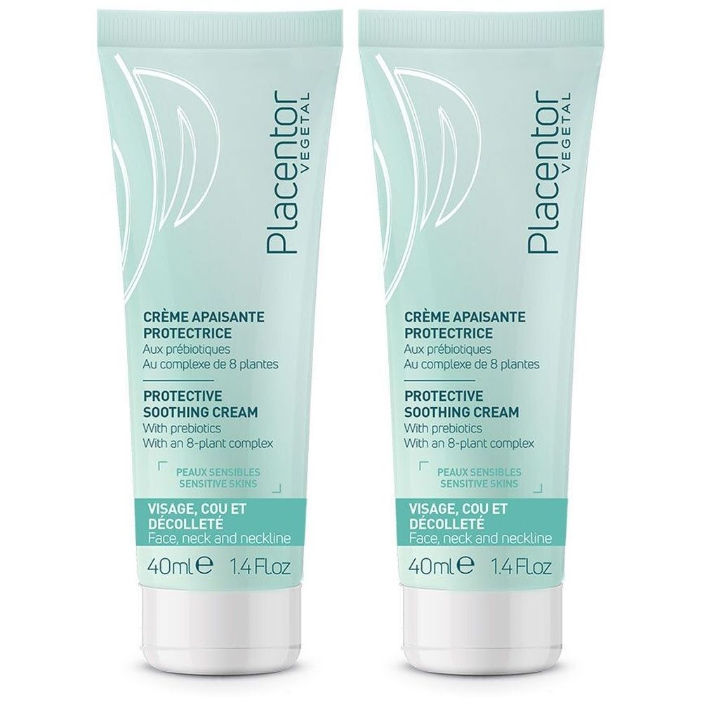 Twee tubes crème. Opschrift: Placentor Vegetal, Crème Apaisante Protectrice, Protective Soothing Cream. Voor gezicht, hals en decolleté. 40ml.
