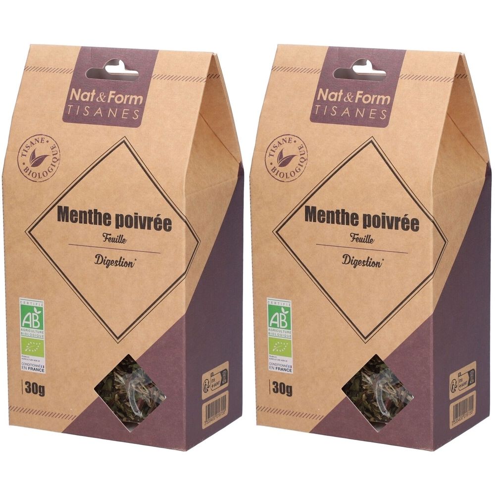 Deux paquets de tisane menthe poivrée Nat&Form, 30g chacun. Certifié bio avec label AB.