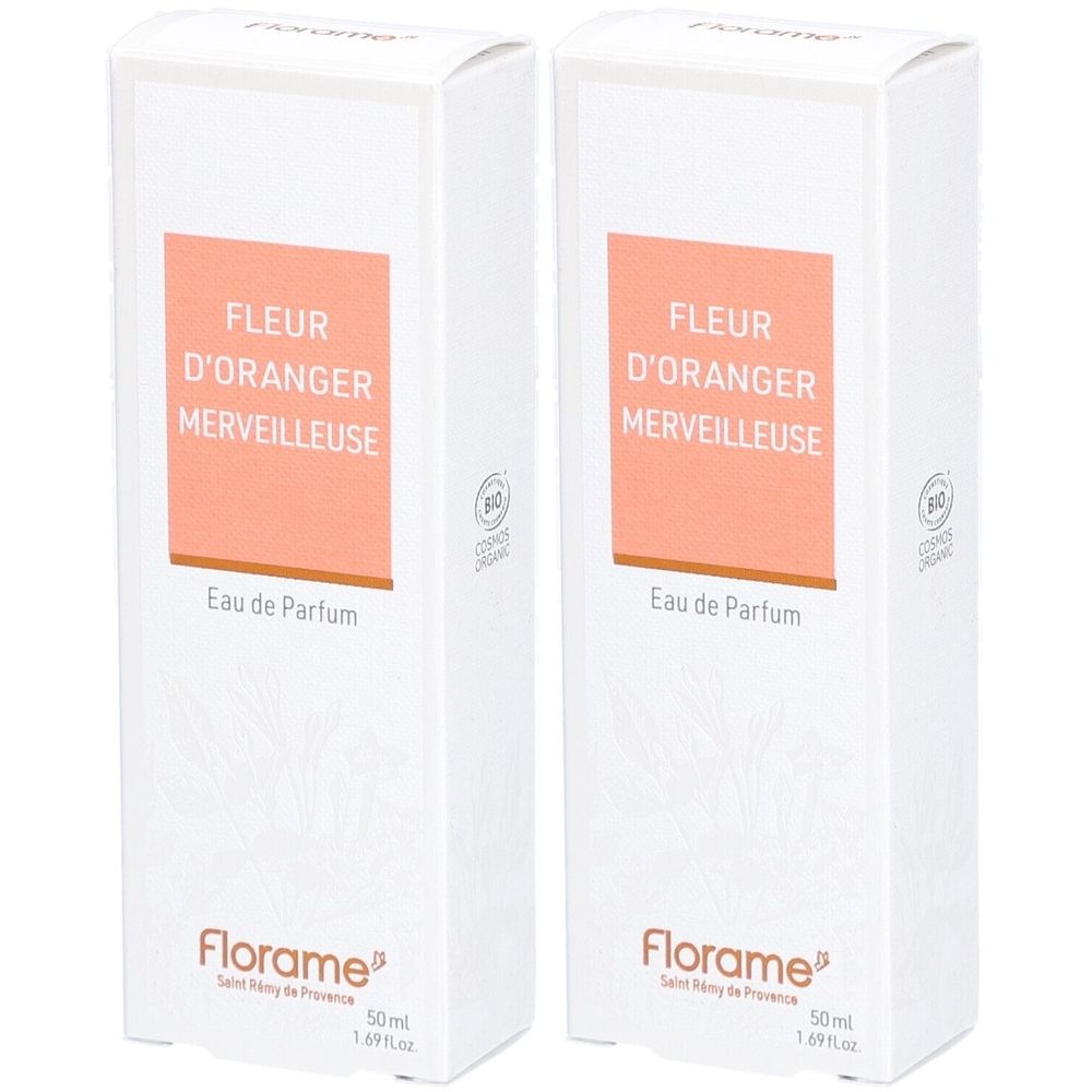 Deux boîtes blanches avec étiquette orange. Inscription: FLEUR D'ORANGER MERVEILLEUSE, Eau de Parfum. Marque: Florame. Certification bio.
