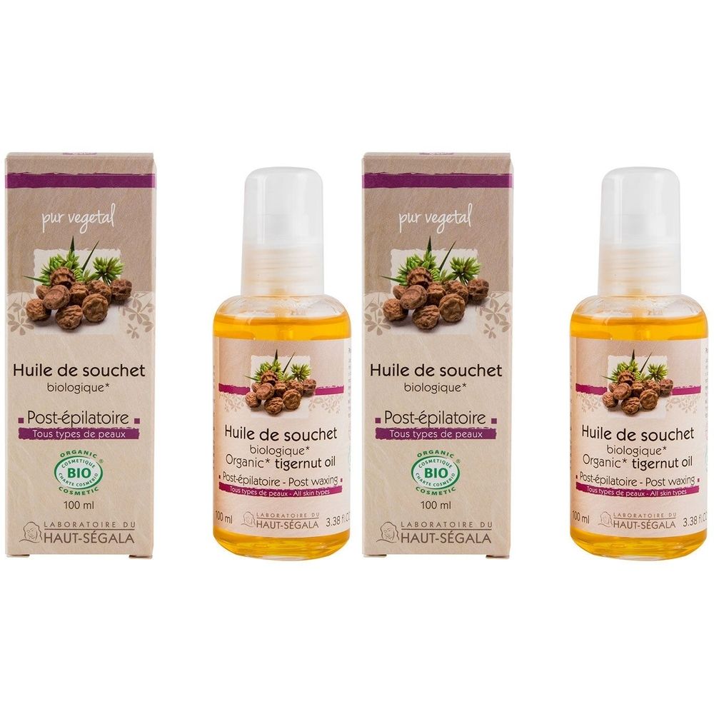 Drie flessen en verpakkingen. Opschrift: Huile de souchet biologique, Post-épilatoire, BIO-label. Flessen met gele vloeistof.