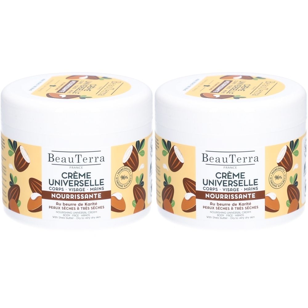 Twee witte potten BeauTerra Crème Universelle. Opschriften met productinformatie en illustraties van noten. Beige deksels.