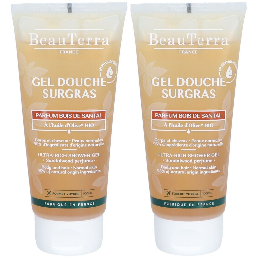 Deux tubes de gel douche BeauTerra. Inscription: Parfum Bois de Santal, Ultra Rich Shower Gel. Bouchon blanc, tube transparent.
