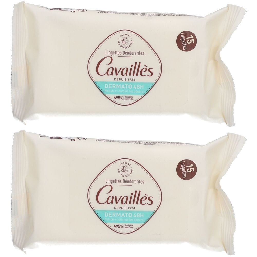 Twee witte verpakkingen met Lingettes Déodorantes Cavaillès. Op elke verpakking staat 15 Lingettes.