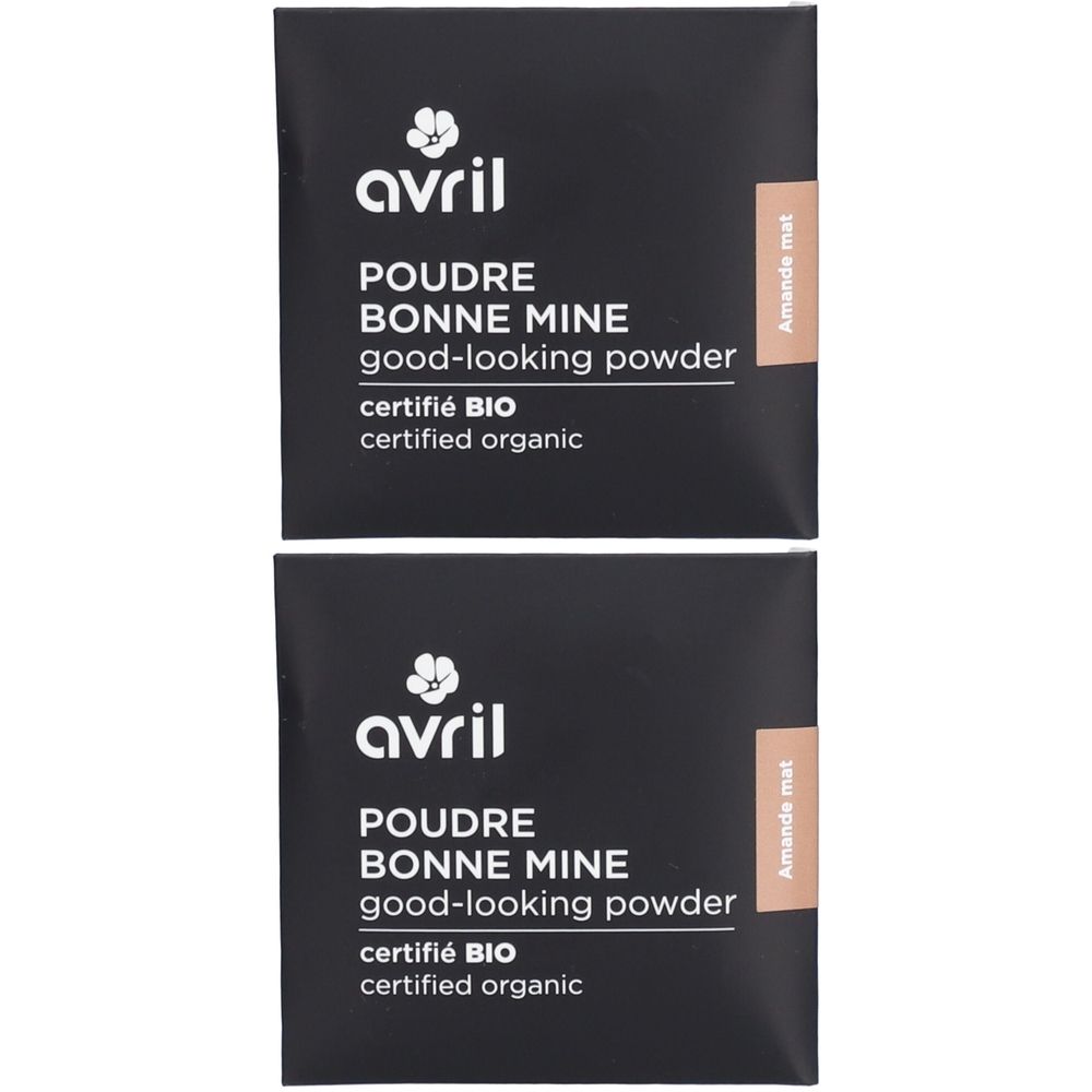 Deux sachets noirs de poudre. Inscription blanche: POUDRE BONNE MINE, good-looking powder, certifié BIO. Teinte: Amande mat.