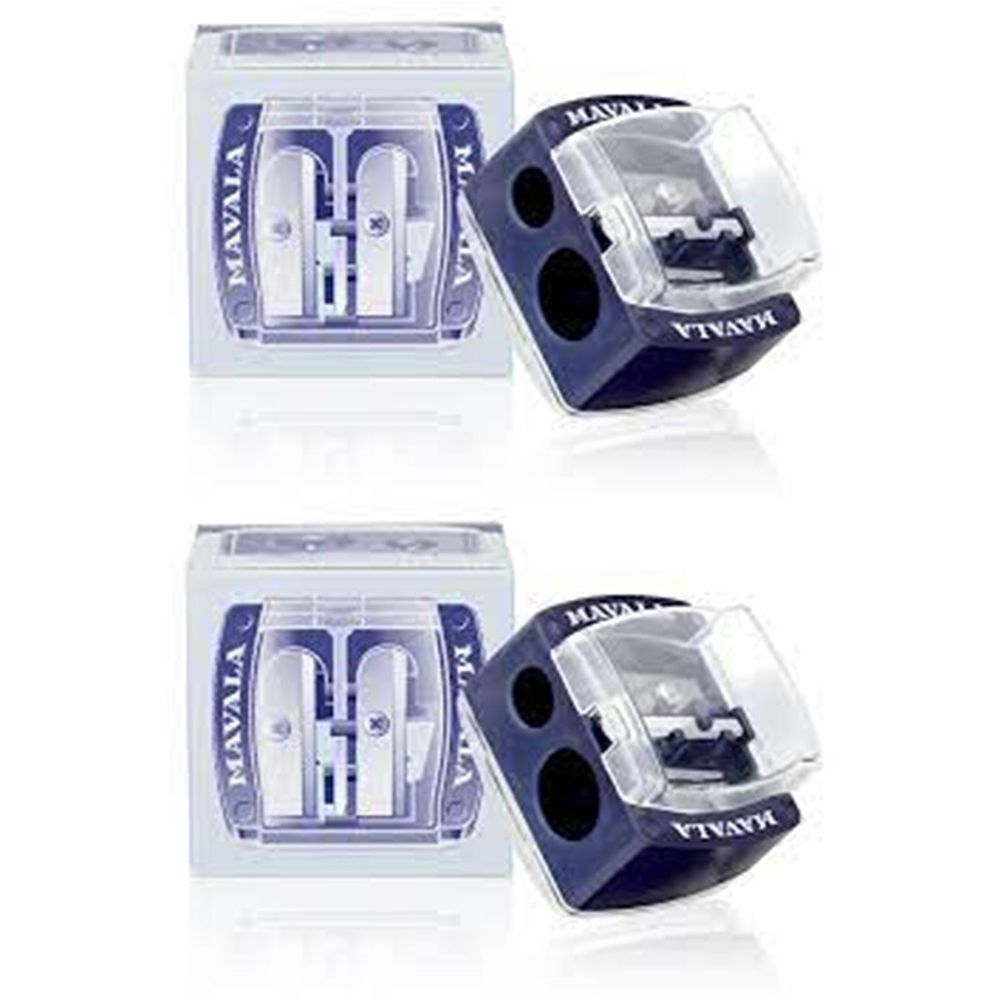 Twee cosmetische puntenslijpers. Een witte, vierkante puntenslijper met twee openingen en de tekst MAVALA. Een donkerblauwe puntenslijper met twee openingen.