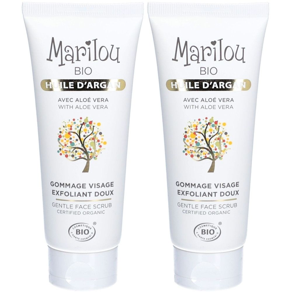 Deux tubes de gommage visage Marilou Bio. Blancs, avec texte et logo. Contiennent de l'huile d'argan et de l'aloe vera. Certifié bio.