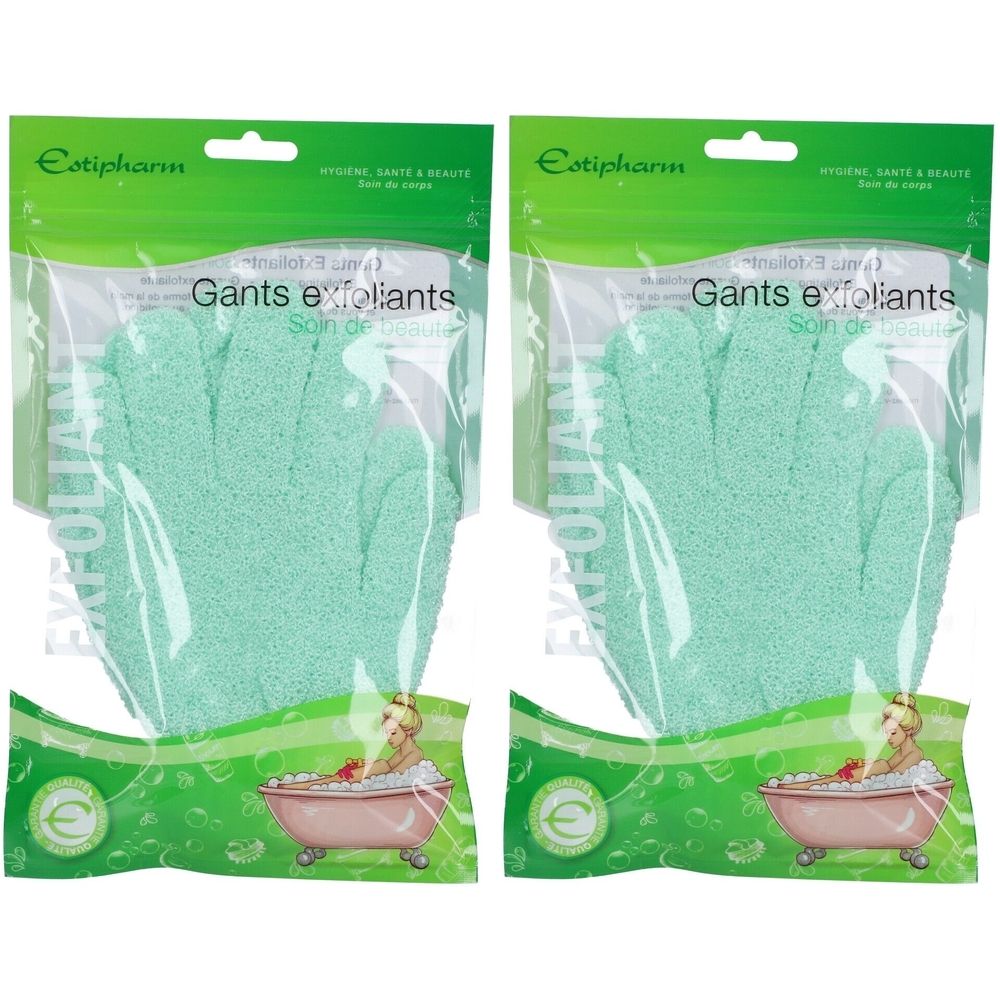 Twee verpakkingen peeling handschoenen. Groenige handschoenen in transparante zakken. Merk Estipharm, opschrift "Gants exfoliants".