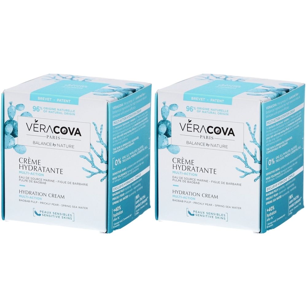 Deux boîtes carrées. Inscription: VERACOVA, Crème Hydratante, Hydration Cream. Emballage turquoise et blanc avec éléments floraux.