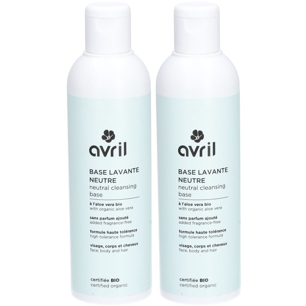 Twee witte flessen met lichtblauwe etiketten. Opschrift: avril, BASE LAVANTE NEUTRE, neutral cleansing base. Bio-certificering.