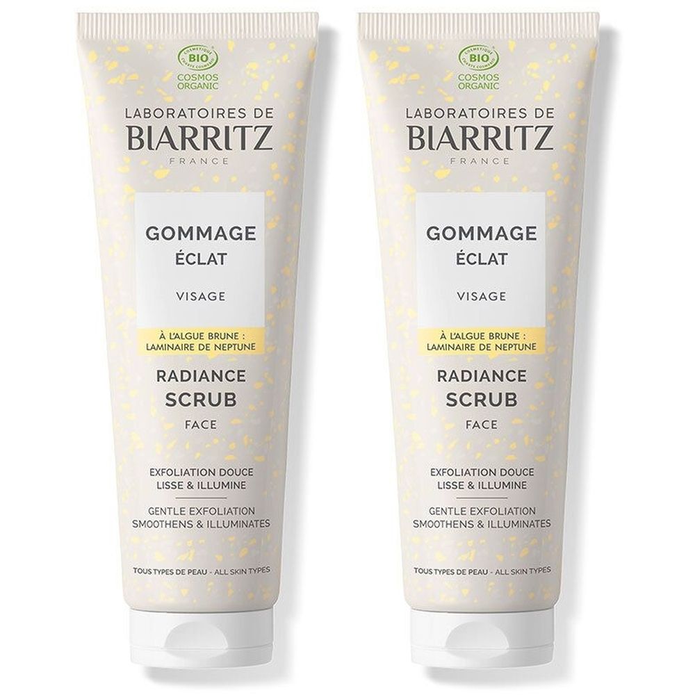 Twee tubes Gommage Éclat. Opschrift: Laboratoires de Biarritz, Radiance Scrub, voor het gezicht. Met bio-certificering.