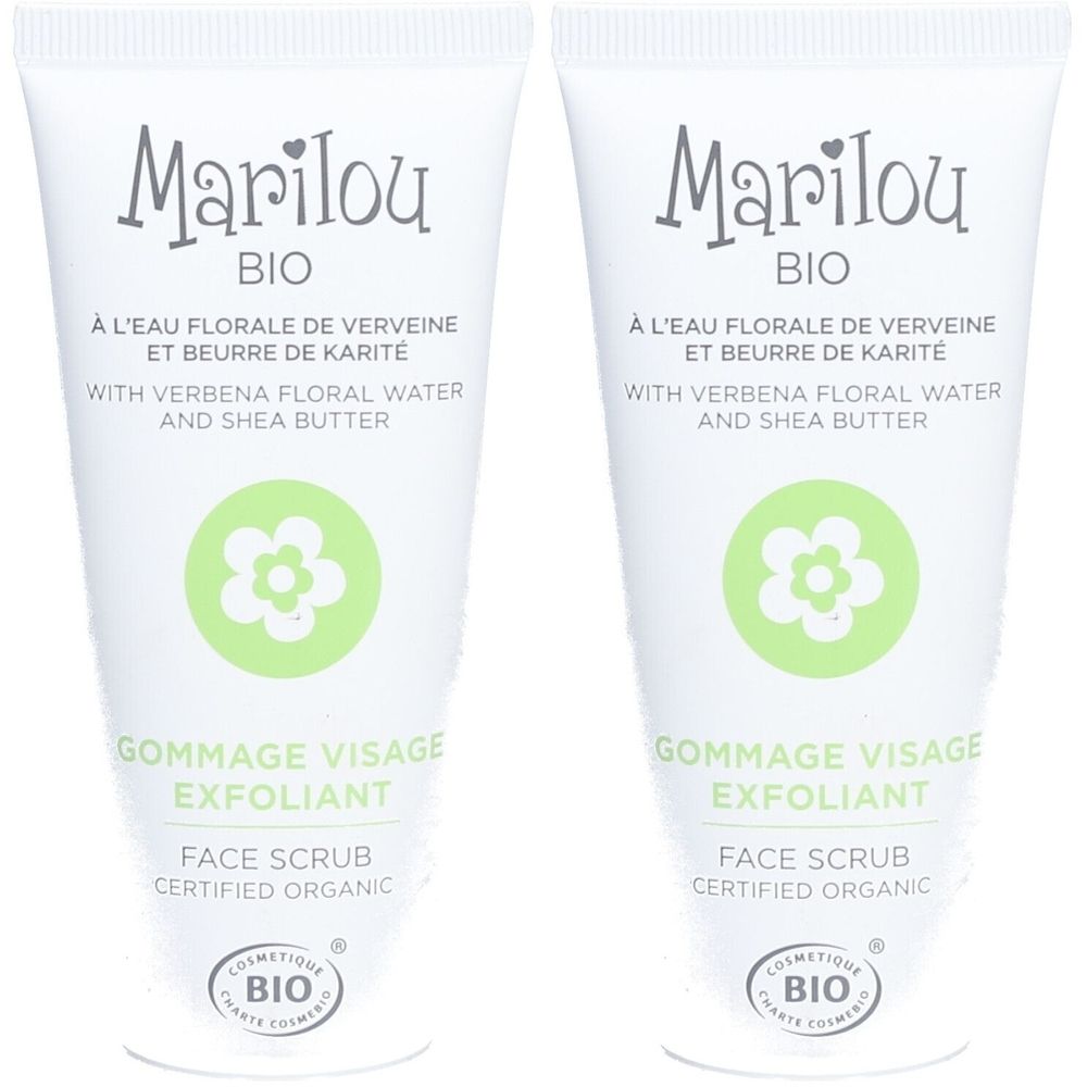 Twee witte tubes. Opschrift: Marilou BIO, Gommage Visage Exfoliant, Face Scrub. Biologisch gecertificeerd.