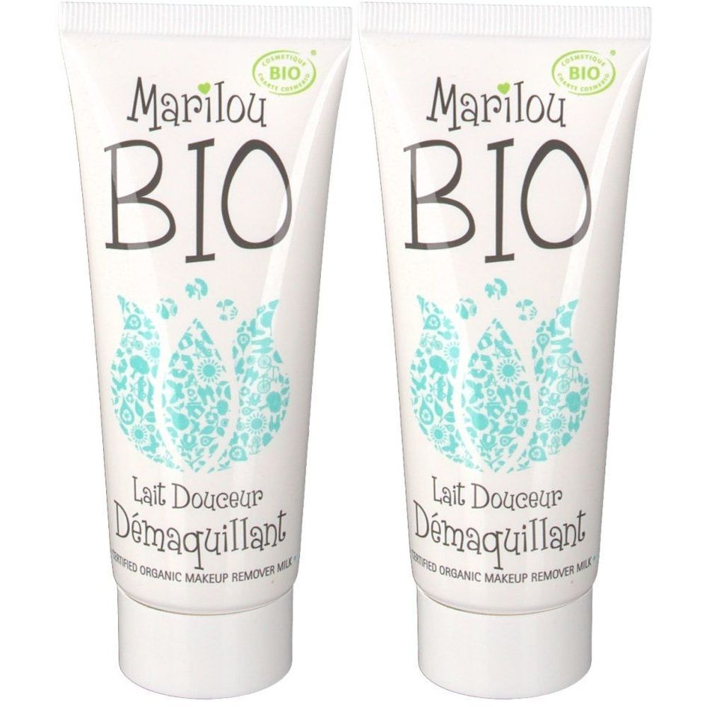 Deux tubes blancs avec l'inscription Marilou BIO. Inscription : Lait Douceur Démaquillant. Certification bio.