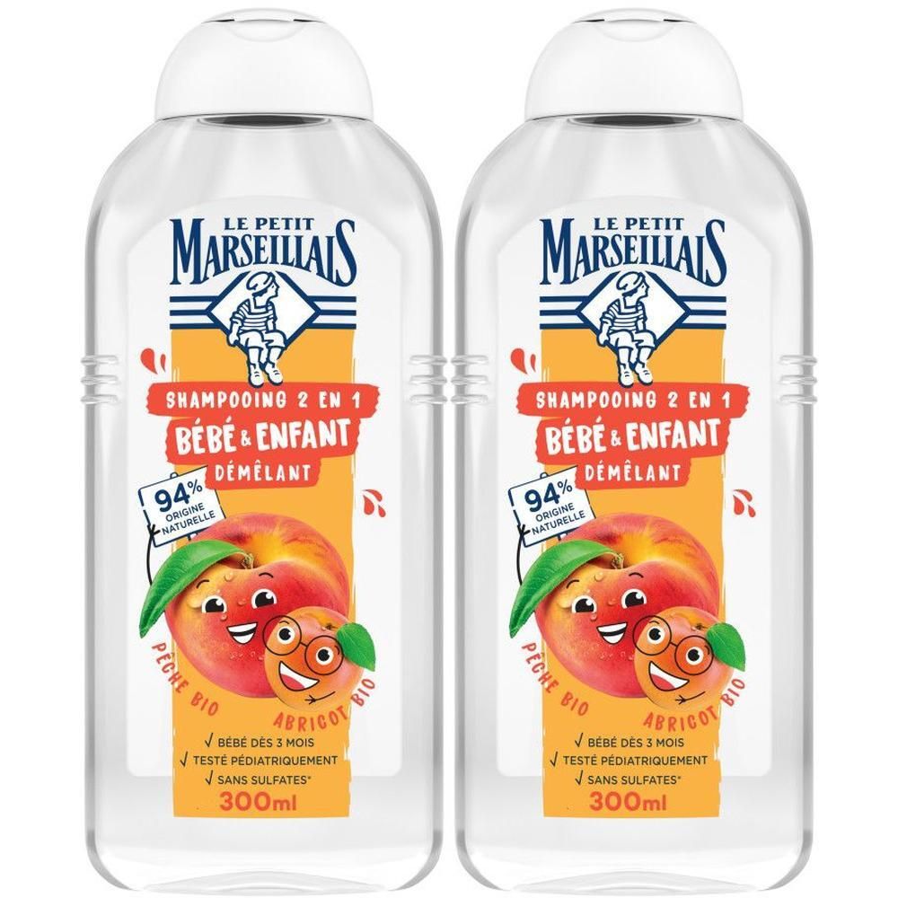Twee flessen Le Petit Marseillais 2-in-1 Shampoo voor baby's en kinderen, perzik en abrikoos, 300ml.