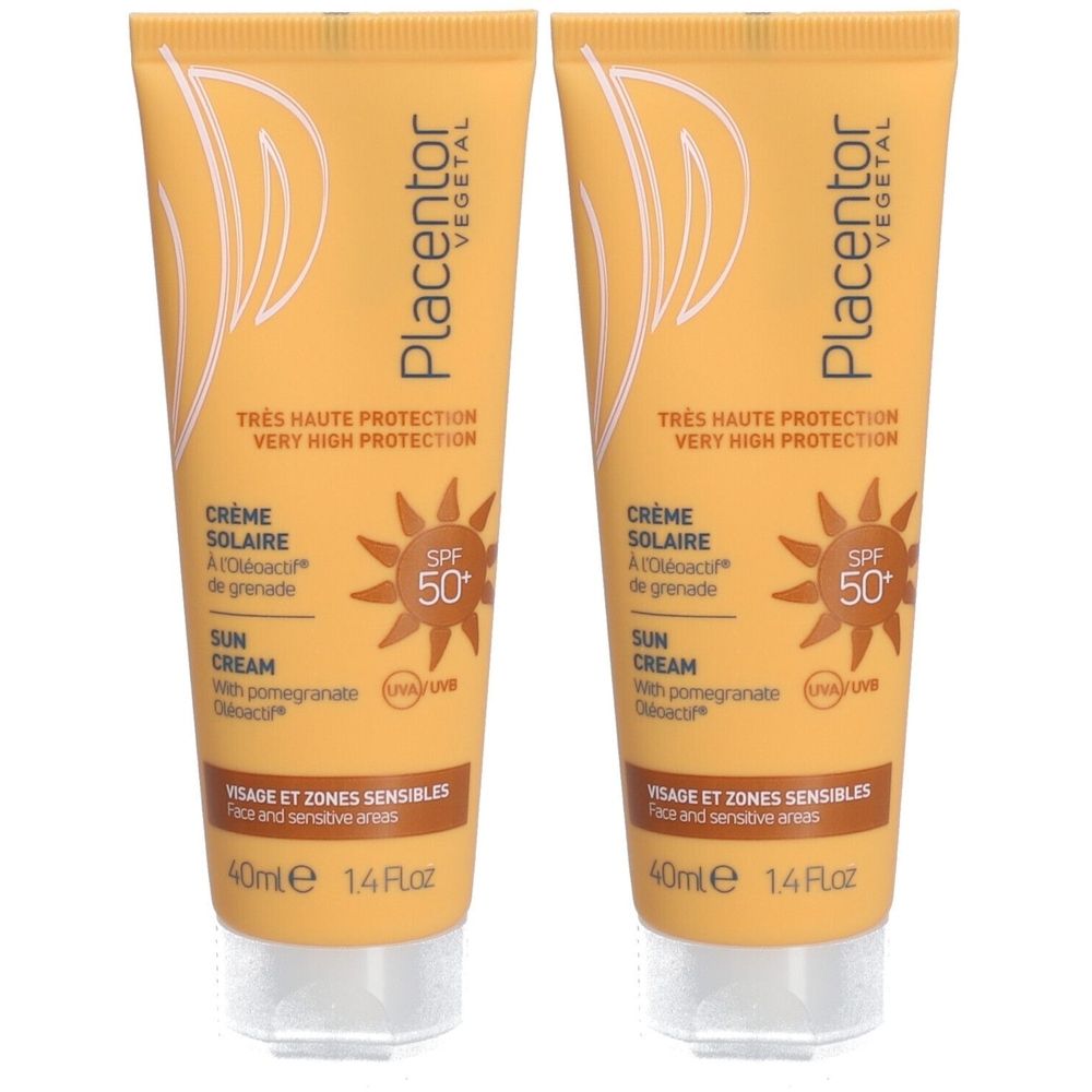 Twee tubes zonnecrème. Opschrift: Placentor Vegetal, Crème Solaire SPF 50+, voor gezicht en gevoelige zones. Inhoud: 40ml.