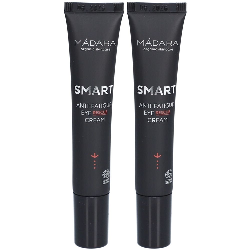 Twee zwarte tubes met witte tekst. Opschrift: Mádara, SMART Anti-Fatigue Eye Rescue Cream. Met bio-label.