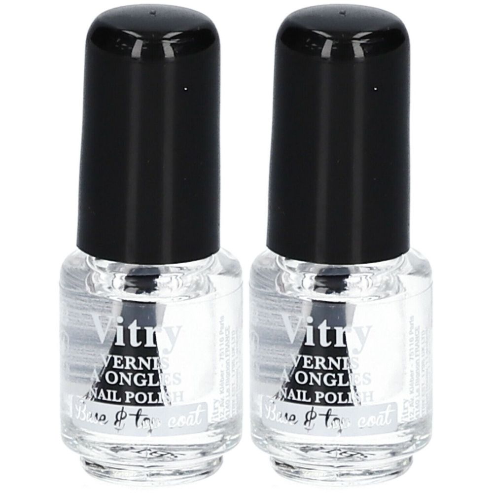 Deux flacons de base coat pour ongles. Liquide transparent dans des flacons en verre avec bouchon noir. Inscription : Vitry, Base & Top Coat.