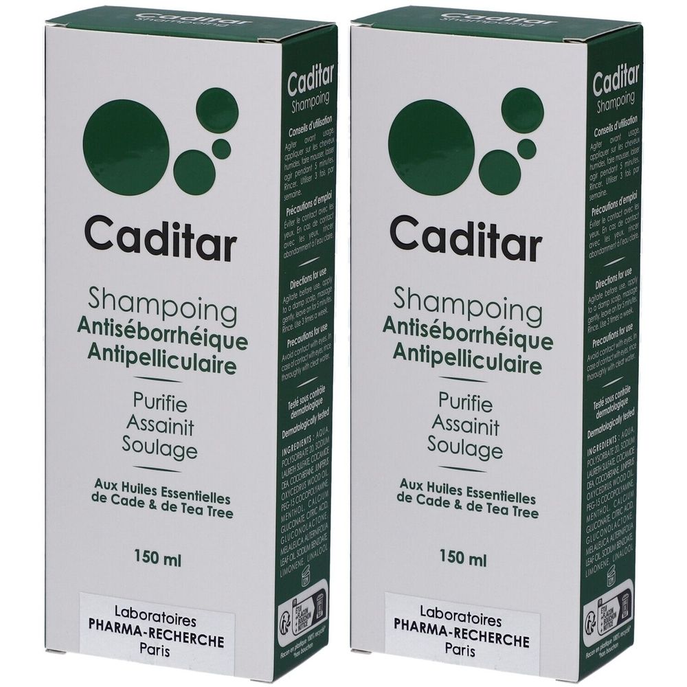 Twee shampoo dozen. Opschrift: Caditar, Shampoing Antiséborrhéique Antipelliculaire. 150 ml. Laboratoires Pharma-Recherche Paris.
