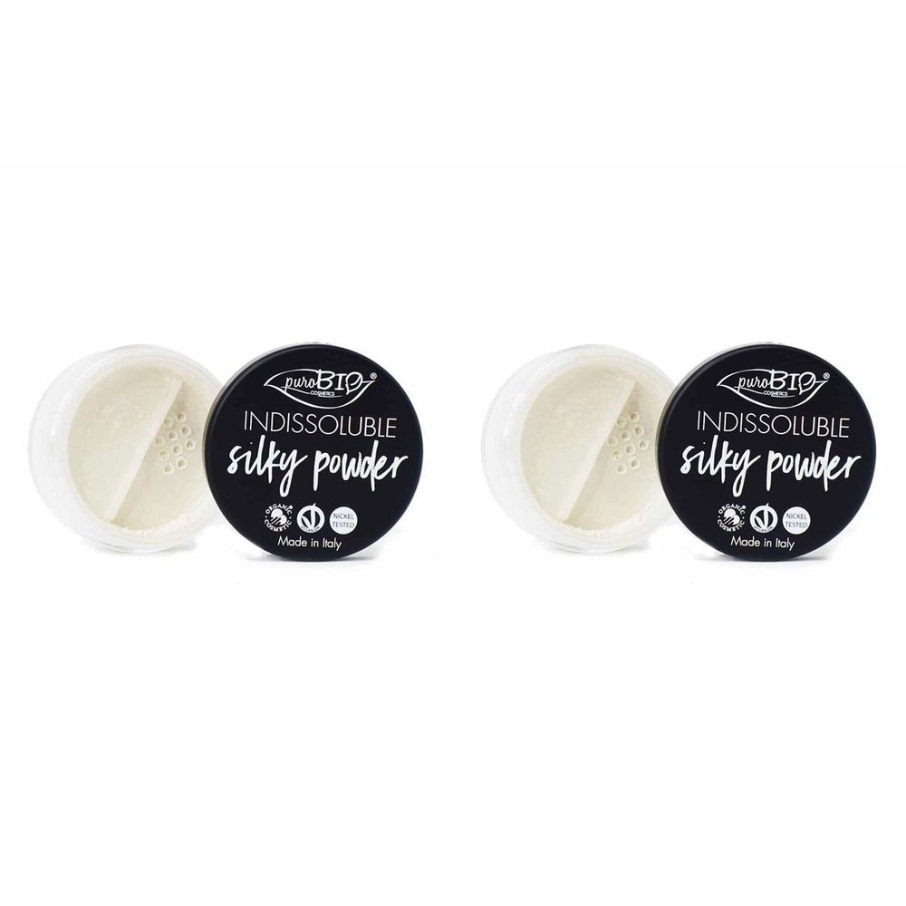 Twee open, ronde containers met los poeder. Zwart deksel met witte tekst: Indissoluble silky powder. Merk: puroBIO. Gemaakt in Italië.